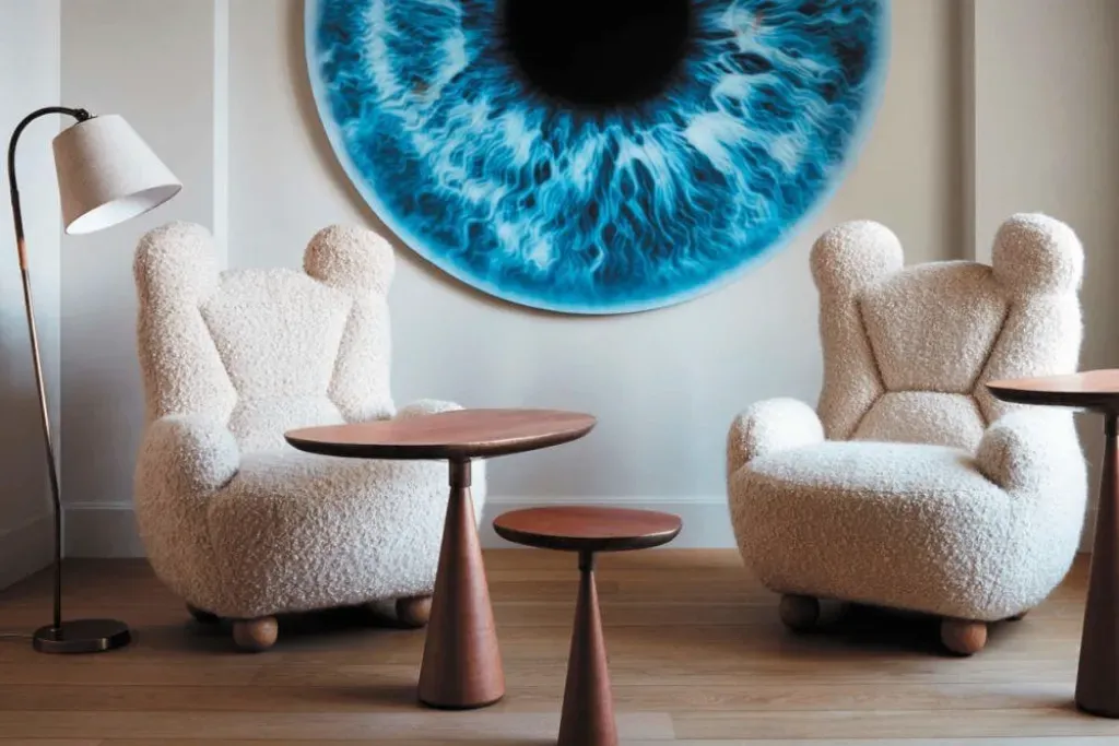 A contemporary sitting area with two white bouclé accent chairs, wooden pedestal tables, and a large round blue eye-iris wall art piece.