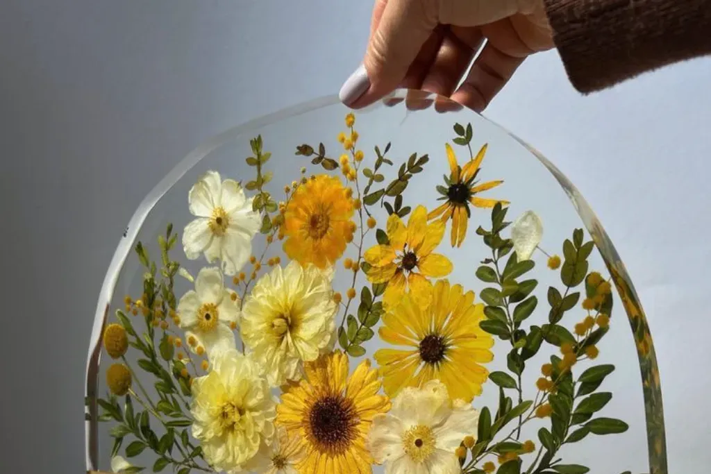 A close-up detail of a whimsical, hand-painted botanical mural featuring fluid, swirling stems and stylized golden flowers on a light-colored wall.