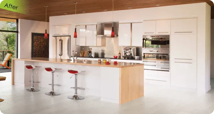 Contemporary kitchen renovation by Tree Builders Group showcasing a warm wood plank ceiling, sleek red-accented bar stools, and integrated double ovens.