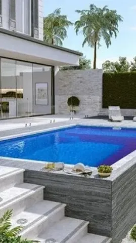 Modern backyard featuring an elevated swimming pool with grey wood-look tile siding, stone steps, and palm trees.