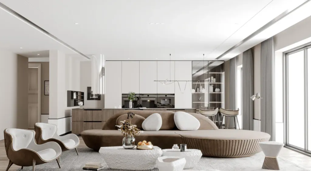 Modern minimalist open-concept living space and kitchen with a curved brown sofa, textured stone coffee tables, and contemporary built-in cabinets.